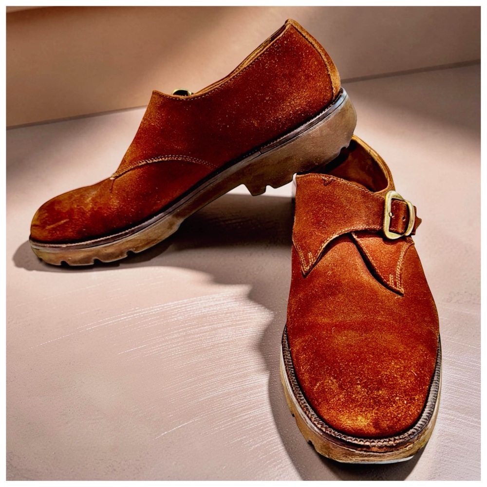 Charles Jourdan Men’s Suede Monk Strap Shoes Cognac Brown Lug Sole Luxury 10.5